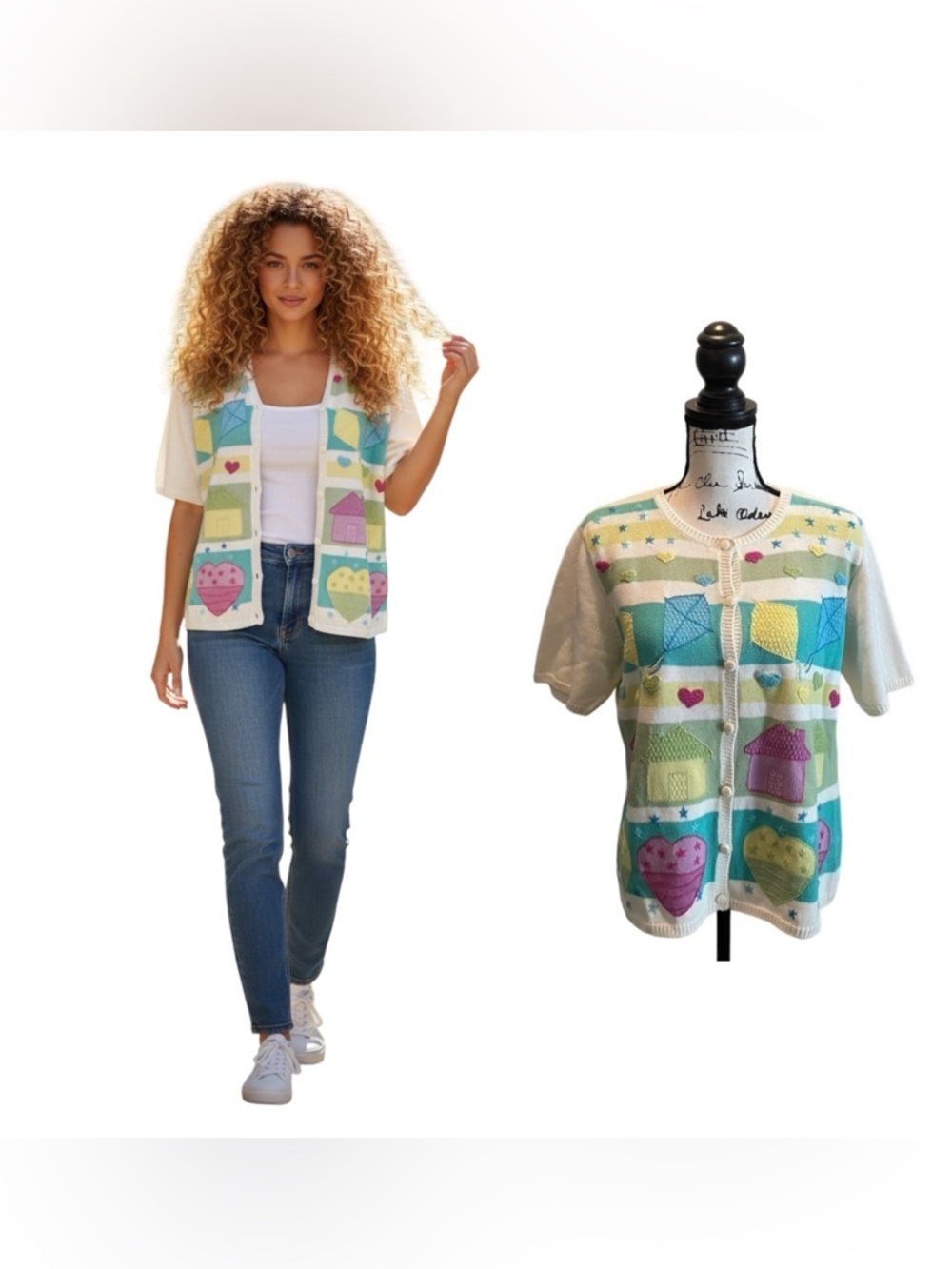 In Stitches by Eagle Eye Vintage Cardigan Sweater Pastel Large Kites Hearts Star